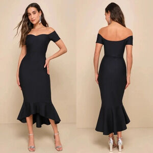 Lulu's How Much I Care Midnight Blue Off-the-Shoulder Midi Dress Wedding Party